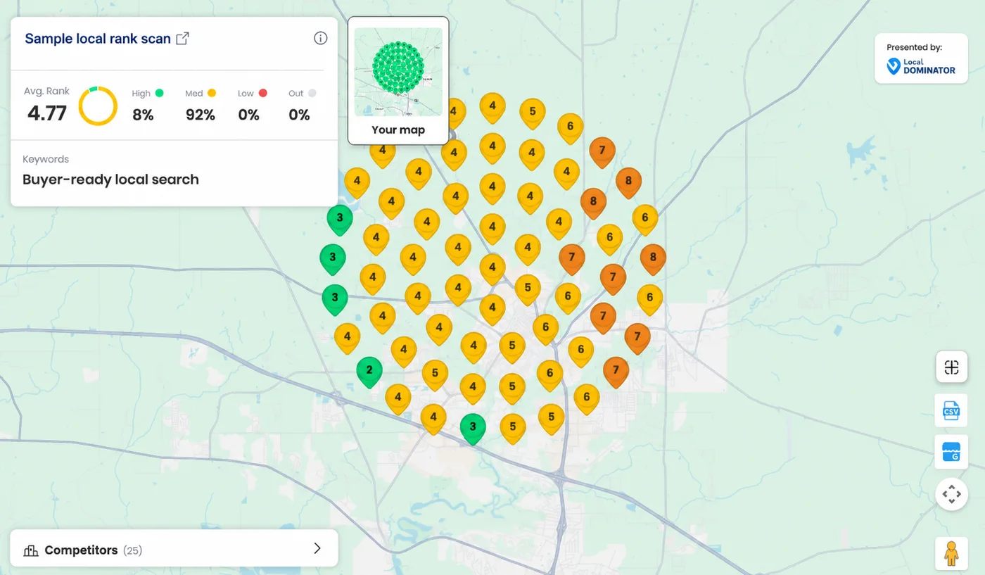 An anonymized local map rank scan showing weak rankings across most of the service area